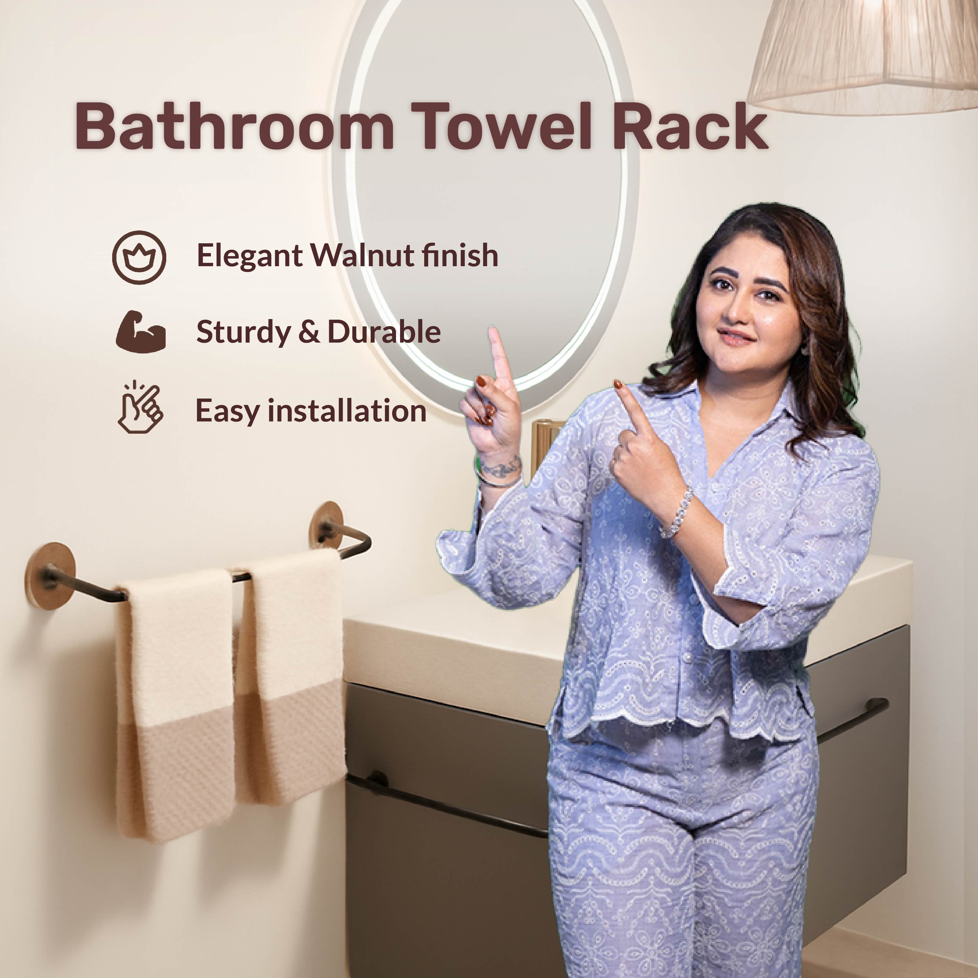 Premium Punch-Free Bathroom Towel Rack with Walnut Finish